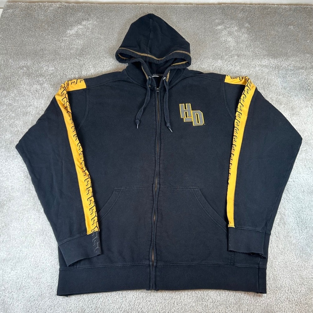 VTG Harley-Davidson Zip Up Hoodie Men's XL Black Orange Tire Tread Graphic Biker